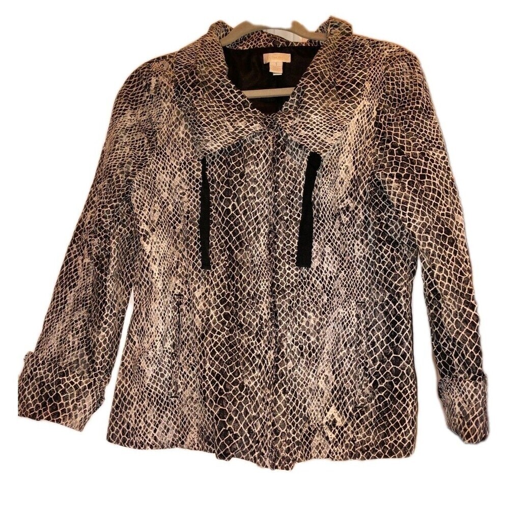 Chico’s Jacket Women Sz 1 Gray Black White Animal Snake Skin Classic Windbreaker